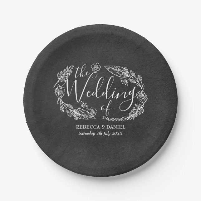 Chalkboard  Hand-drawn Floral Garland  Wedding Paper Plates (Front)
