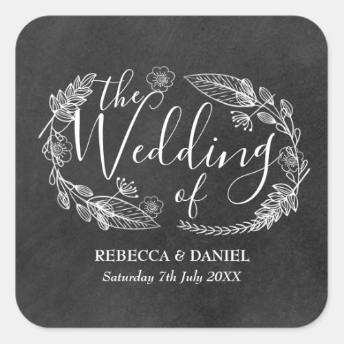 Chalkboard Hand_drawn Floral Garland Wedding Square Sticker