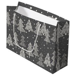 Chalkboard Handdrawn Christmas Trees Snowing Large Gift Bag