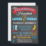 Chalkboard Hanukkah Latkes & Vodkas Invitations<br><div class="desc">Super cute and fun Hanukkah "Latkes and Vodkas" party invitations with banners,  menorah,  dreidel and chalk graphics all on the chalkboard background. Easy to edit and great for your Chanukah party. Need help,  just email me!  Hand drawn illustration by McBooboo</div>