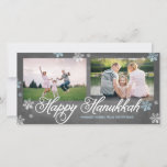 Chalkboard Happy Hanukkah Snowflakes Holiday Card<br><div class="desc">2 Photo Hanukkah card featuring snowflakes,  script,  and a trendy chalkboard background.</div>