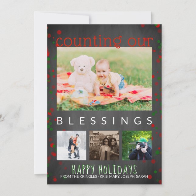Chalkboard Happy Holidays Photo Counting Blessings Holiday Card (Front)