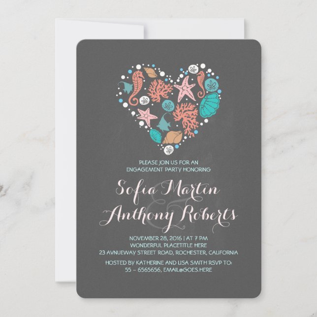 Chalkboard heart cute beach engagement party invitation (Front)