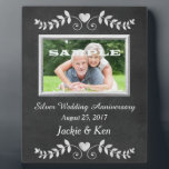 Chalkboard Heart Silver Anniversary Keepsake Plaque<br><div class="desc">Chalkboard images are popular, and this one is especially elegant. Your photograph (black and white or color) is framed in silver with your custom text and a pretty chalkboard heart swirl emblem on the top and bottom. This makes a wonderful personalized keepsake Silver Anniversary gift.*Thanks to Lilian EllaBoudy Design for...</div>