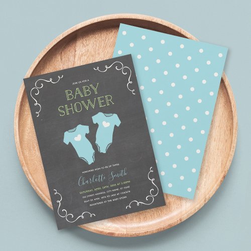 Chalkboard Hearts Twin Boys Blue Baby Shower Invitation