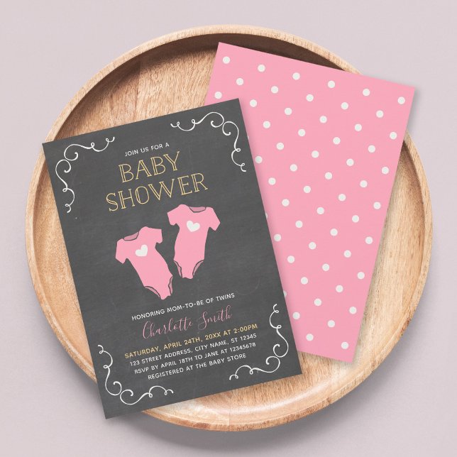 Chalkboard Hearts Twin Girls Pink Baby Shower Invitation (Creator Uploaded)
