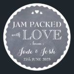 Chalkboard Hearts Wedding Favor Jar Round Sticker<br><div class="desc">The perfect finishing touch for a food wedding favor, this chalkboard and white label is a delightful mix of chic and rustic and would look great on a preserves jar tied with coordinating ribbon or string. Don't forget to personalize with your name, event date and even a custom saying. You...</div>