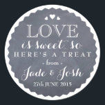 Chalkboard Hearts Wedding Favor Jar Round Sticker<br><div class="desc">The perfect finishing touch for a food wedding favor, this chalkboard and white label is a delightful mix of chic and rustic and would look great on a preserves jar tied with coordinating ribbon or string. Don't forget to personalize with your name, event date and even a custom saying. You...</div>
