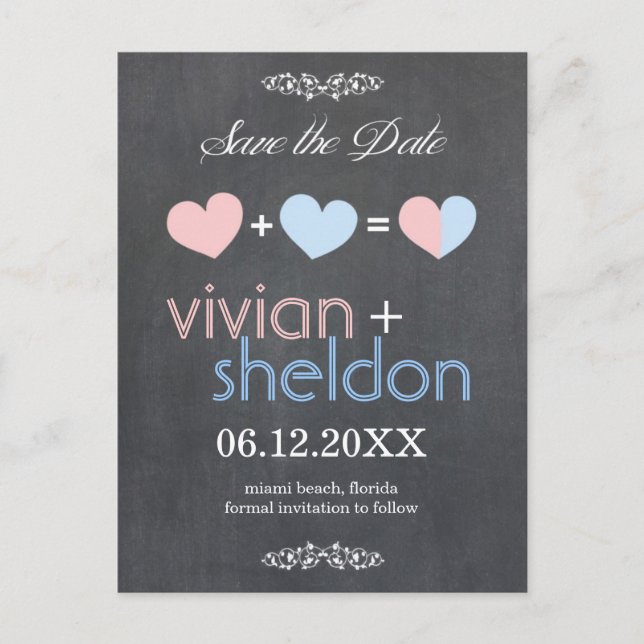 Chalkboard Hearts Wedding Save the Date Announcement Postcard (Front)
