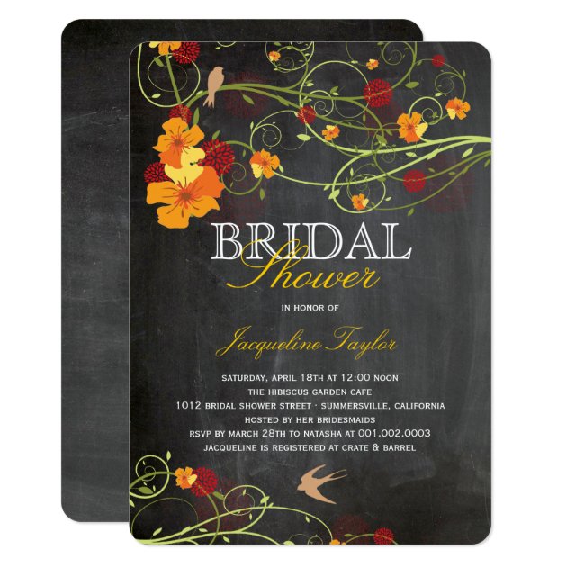 Chalkboard Hibiscus Floral Birds Bridal Shower Invitation