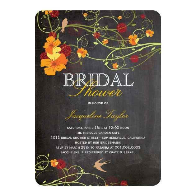 Chalkboard Hibiscus Floral Birds Bridal Shower Invitation