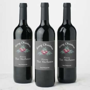 Chalkboard Holly Merry Christmas From Your Name Wine Label by alinaspencil at Zazzle