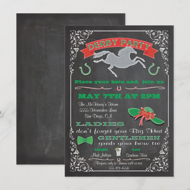 Chalkboard Horse Racing Derby Party Invitation (Front/Back)