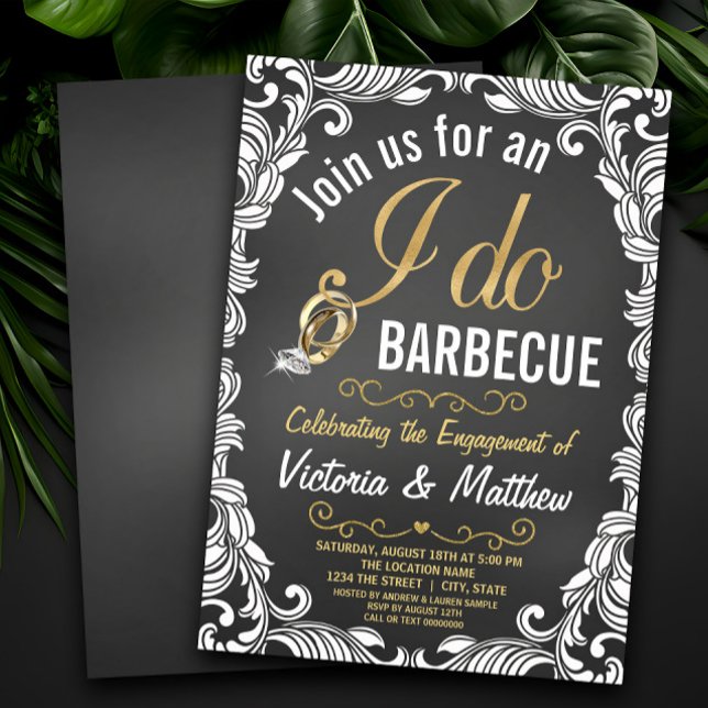 Chalkboard I Do BBQ Invitations (Black and gold I do barbecue engagement party invitation. Simply add your event details.)