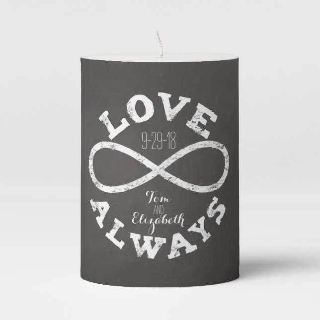 Chalkboard Infinity Love Wedding Date and Names Pillar Candle (Front)