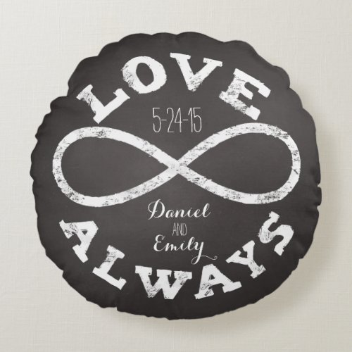 Chalkboard Infinity Love Wedding Date and Names Round Pillow