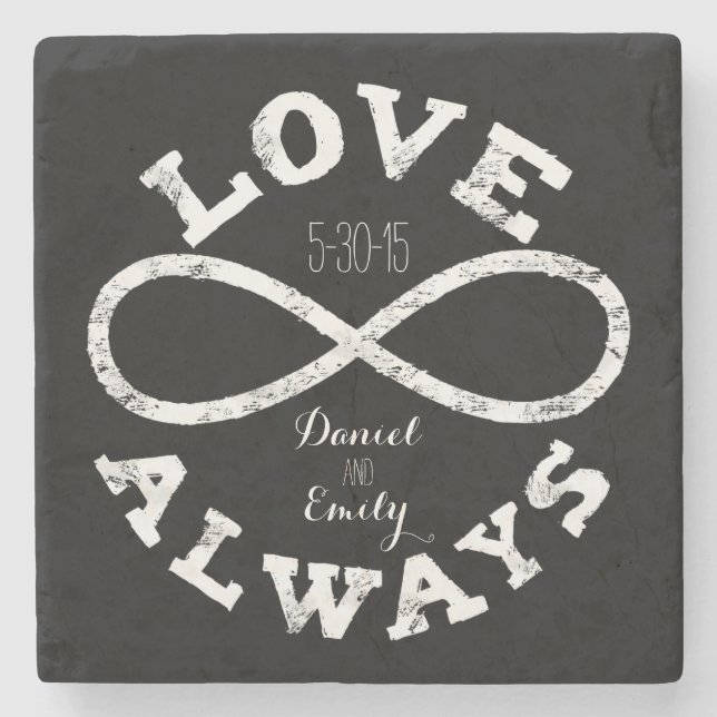 Chalkboard Infinity Love Wedding Date and Names Stone Coaster (Front)