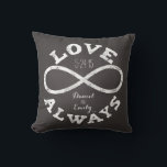 Chalkboard Infinity Love Wedding Date and Names Throw Pillow<br><div class="desc">Celebrate the infinite love between your favorite bride and groom with this customizable pillow! A white chalk infinity symbol and “Love Always” text surrounds a couple's names and wedding date on a black chalkboard background. Makes a beautiful,  modern,  personalized gift.</div>
