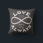 Chalkboard Infinity Love Wedding Date and Names Throw Pillow<br><div class="desc">Celebrate the infinite love between your favorite bride and groom with this customizable pillow! A white chalk infinity symbol and “Love Always” text surrounds a couple's names and wedding date on a black chalkboard background. Makes a beautiful,  modern,  personalized gift.</div>