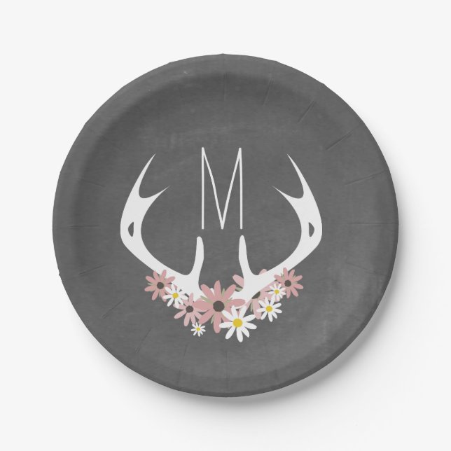 Chalkboard Inspired Floral Antlers Monogram Paper Plates (Front)