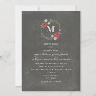 Chalkboard Inspired Floral Wreath Monogram Wedding Invitation