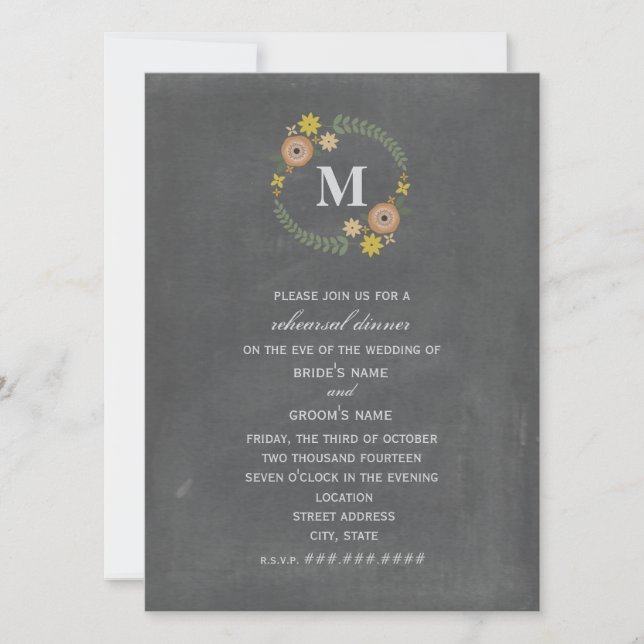 Chalkboard Inspired Wreath Monogram Fall Rehearsal Invitation (Front)