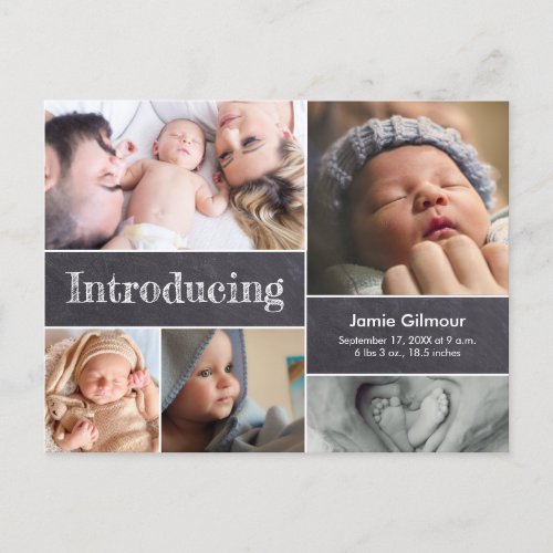 Chalkboard Introducing Newborn Baby Photo Collage Announcement Postcard
