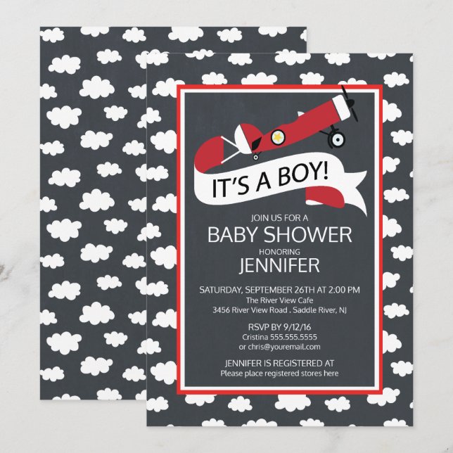 Chalkboard It's a Boy! Airplane Boys Baby Shower Invitation (Front/Back)