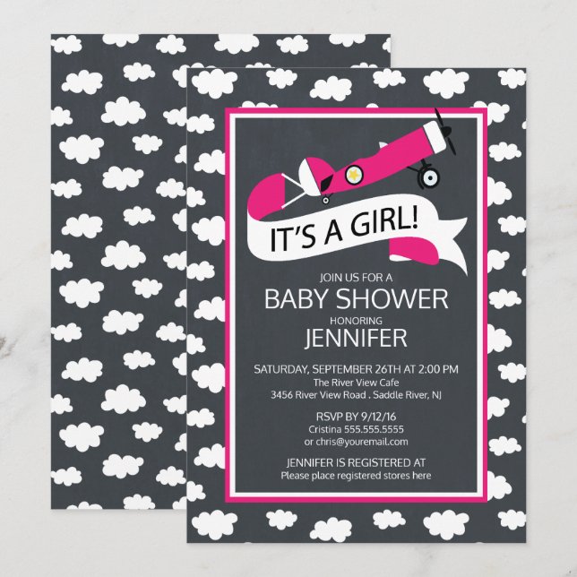Chalkboard It's a Girl! Airplane Girls Baby Shower Invitation (Front/Back)