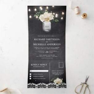 Chalkboard Ivory Floral Mason Jar Lights Wedding Tri-Fold Invitation