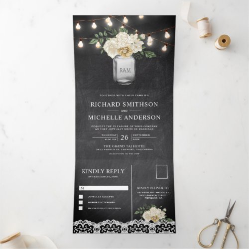 Chalkboard Ivory Floral Mason Jar Lights Wedding Tri_Fold Invitation
