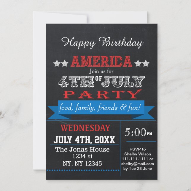 Chalkboard July 4th Holiday party Invitation (Front)