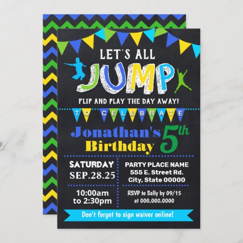 Chalkboard Jump birthday trampoline blue party Invitation