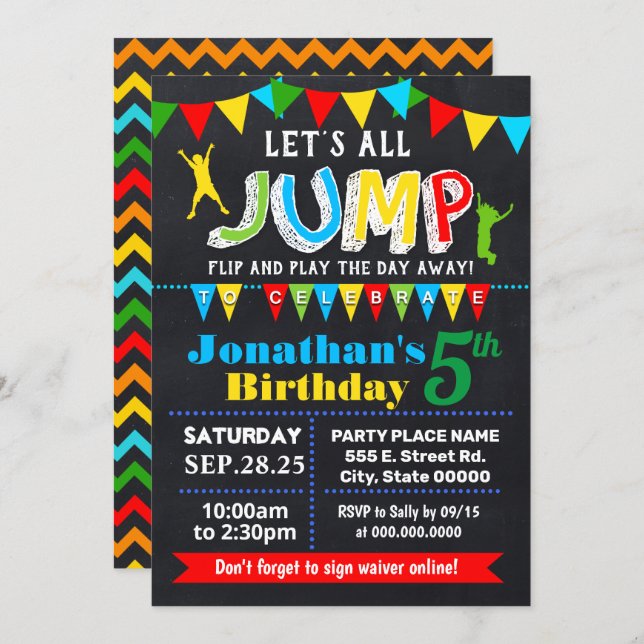 Chalkboard Jump birthday trampoline bounce party Invitation (Front/Back)