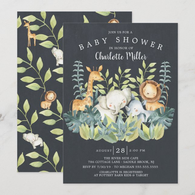 Chalkboard Jungle Animals Baby Shower Invitation (Front/Back)