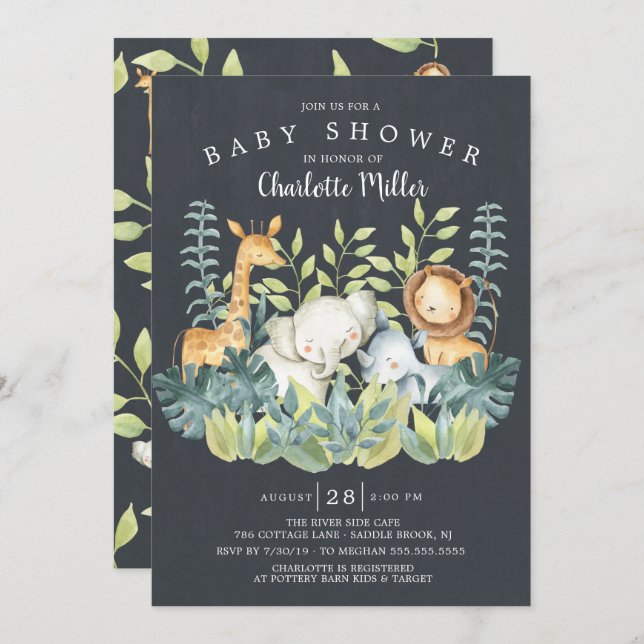 Chalkboard Jungle Animals Baby Shower Invitation (Front/Back)