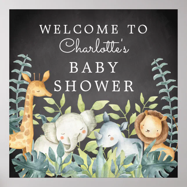 Chalkboard Jungle Animals Baby Shower Welcome Poster | Zazzle
