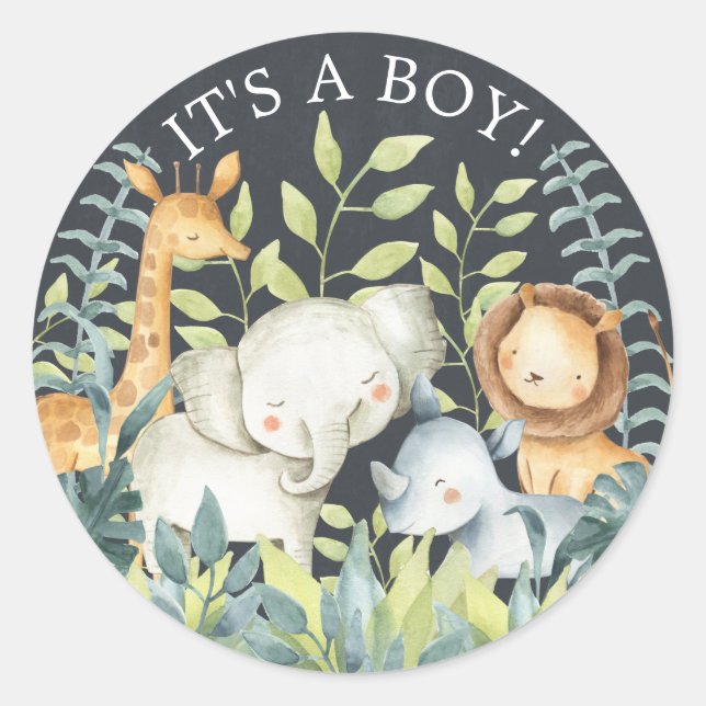 Chalkboard Jungle Animals It' a Boy Favor Sticker (Front)