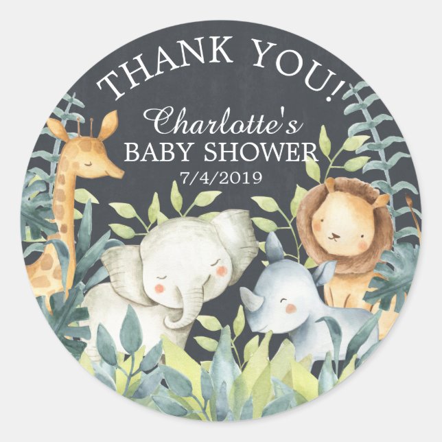 Chalkboard Jungle Baby Shower Thank You Favor Classic Round Sticker (Front)