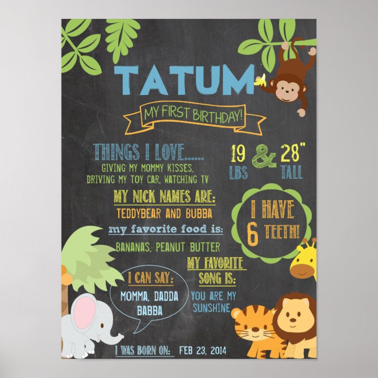 Chalkboard Jungle Party personalized 1 year poster Zazzle