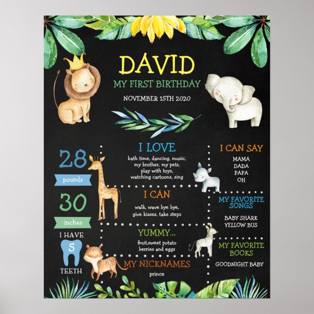 Chalkboard Jungle Safari First Birthday Milestone Poster (Front)