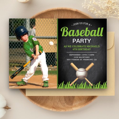 Chalkboard Kids Baseball Birthday Party Photo Invitation