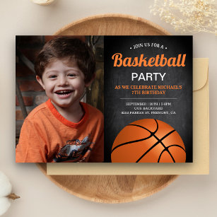 Chalkboard Kids Basketball Birthday Party Photo Invitation