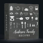 Chalkboard Kitchen Bridal Shower Family Recipe 3 Ring Binder<br><div class="desc">Family recipe book featuring white sketched kitchen tools set on a black chalkboard background.</div>