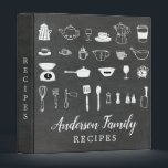 Chalkboard Kitchen Bridal Shower Family Recipe 3 Ring Binder<br><div class="desc">Family recipe book featuring white sketched kitchen tools set on a black chalkboard background.</div>