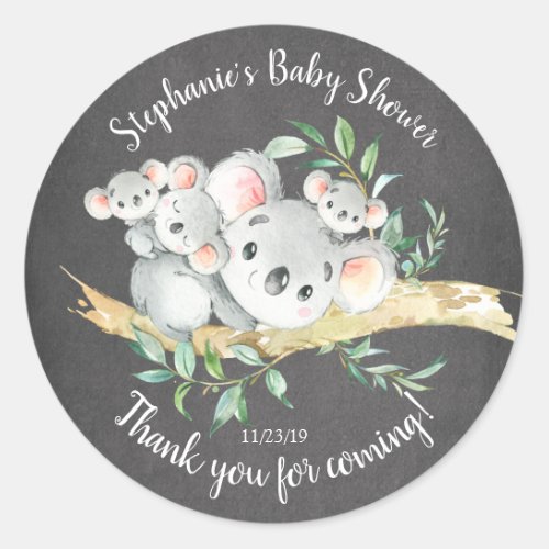 Chalkboard Koala Bear Triplets Baby Shower Favor Classic Round Sticker