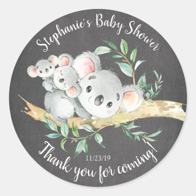 Chalkboard Koala Bear Twins Baby Shower Favor Classic Round Sticker (Front)