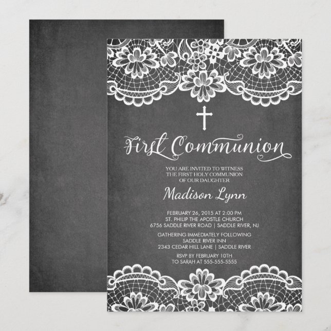 Chalkboard Lace First Holy Communion Invitation (Front/Back)