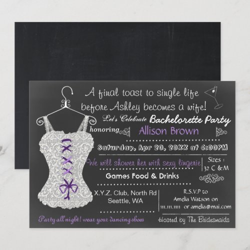 Chalkboard Lace Lingerie Shower Bachelorette Personalized Invitations