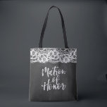 Chalkboard Lace matron of honor Tote Bag<br><div class="desc">Matron of Honor in brush script over black chalkboard and lace background. Personalized name on the back side.</div>